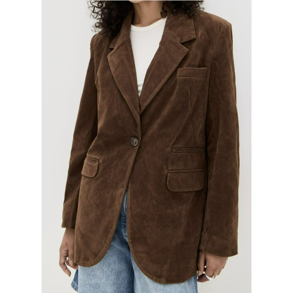 New $198 Free People Paper Cut Faux Suede Vegan Brown Boyfriend Blazer Size M - Picture 3 of 11